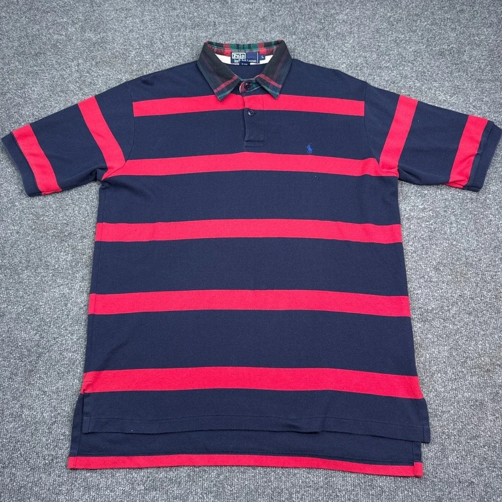 Vintage Ralph Laurn Polo Shirt Mens Size Large Flannel‎ Collar Blue Red Striped